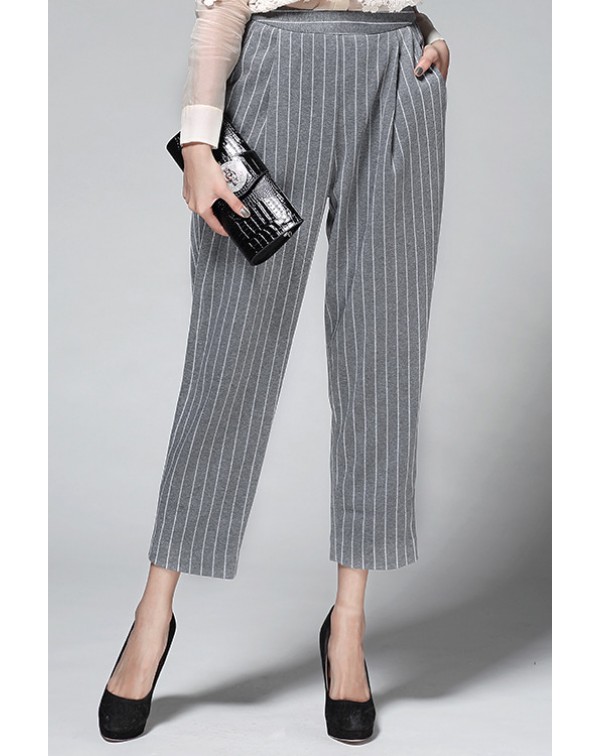 Striped Pockets Loose Ankle-length Pants