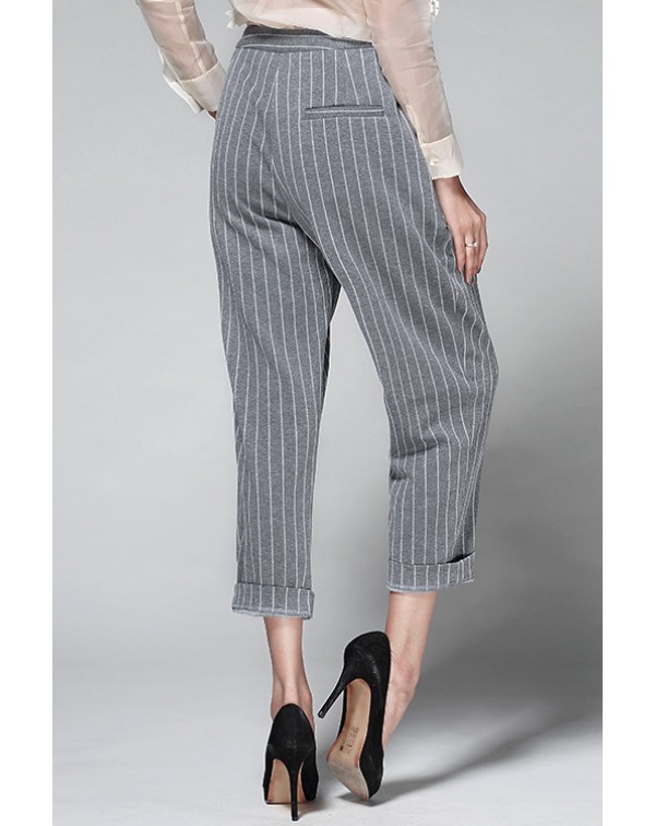 Striped Pockets Loose Ankle-length Pants