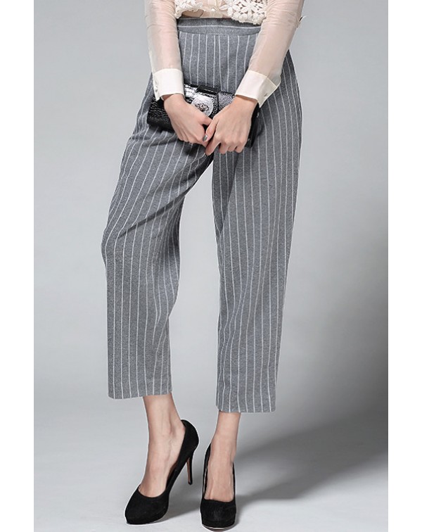 Striped Pockets Loose Ankle-length Pants