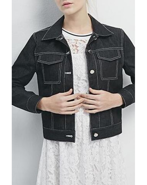 Contrast Collar Pockets Denim Jacket