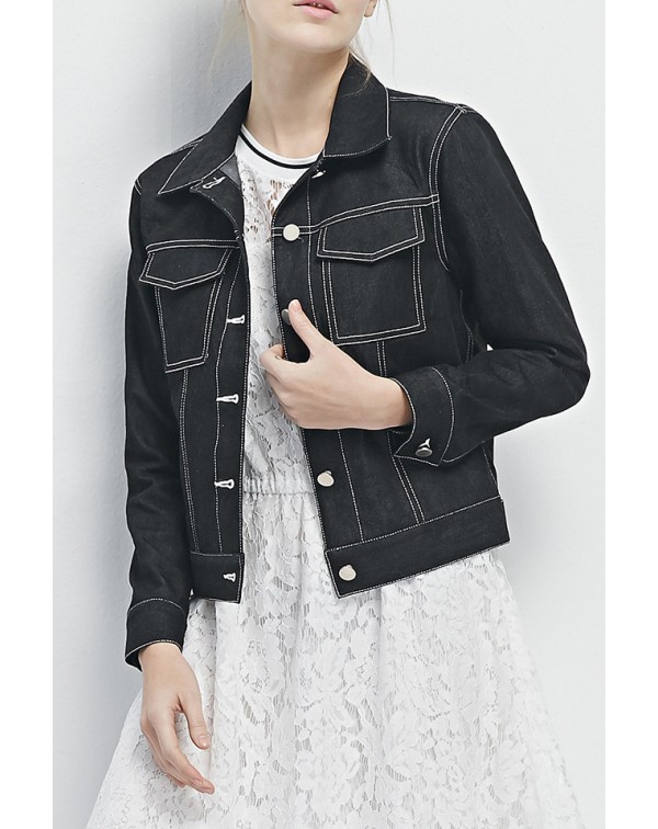 Contrast Collar Pockets Denim Jacket