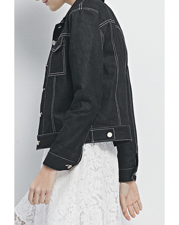 Contrast Collar Pockets Denim Jacket