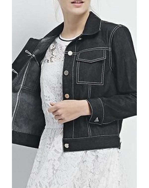 Contrast Collar Pockets Denim Jacket