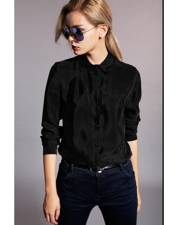 Contrast Collar Long Sleeves Blouse