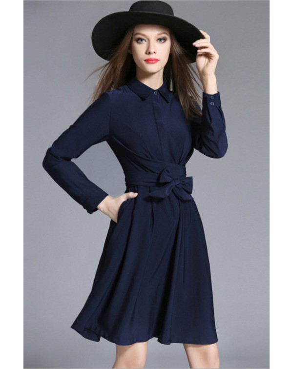 Contrast Collar Long Sleeves Bow Dress