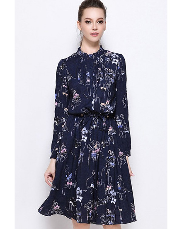 Print Drawstring Waist Shirt Dress