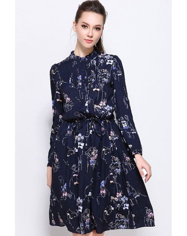 Print Drawstring Waist Shirt Dress