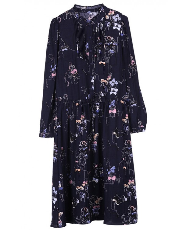 Print Drawstring Waist Shirt Dress