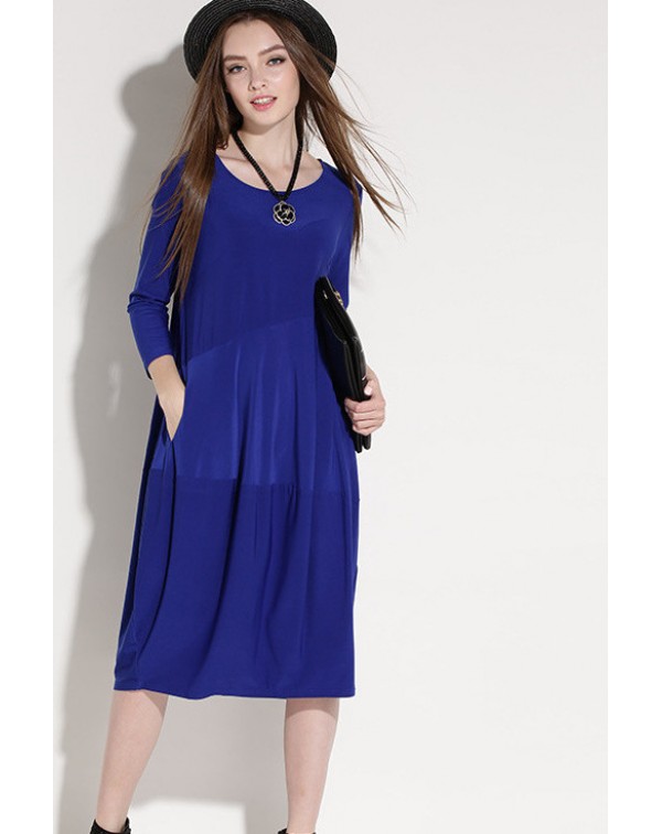 Royal Round Neck Pockets Smock Dress