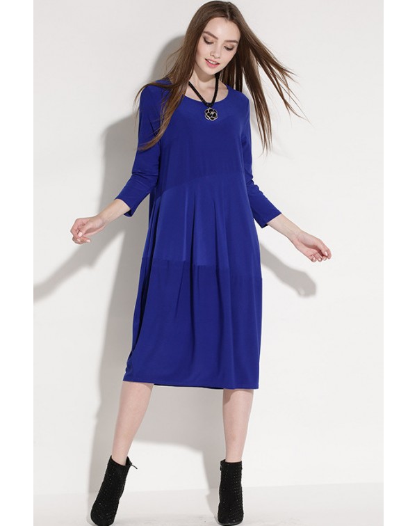 Royal Round Neck Pockets Smock Dress