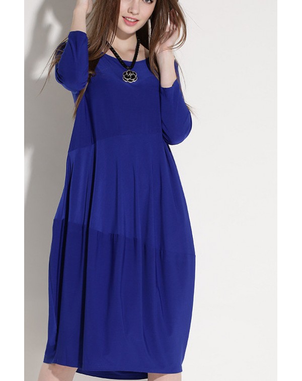 Royal Round Neck Pockets Smock Dress