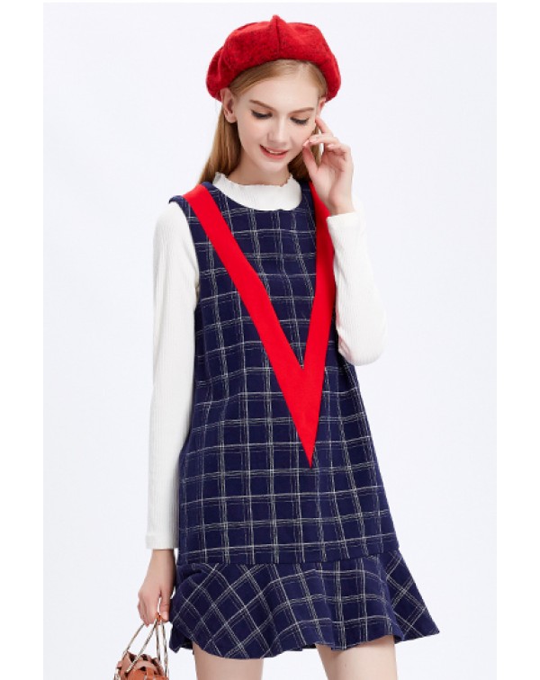 Dark Navy Flounce Plaid Dress