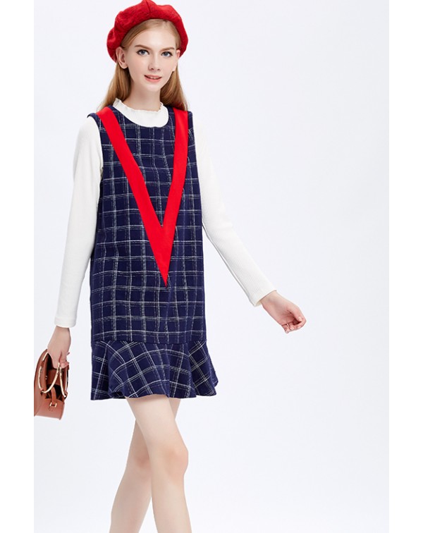 Dark Navy Flounce Plaid Dress