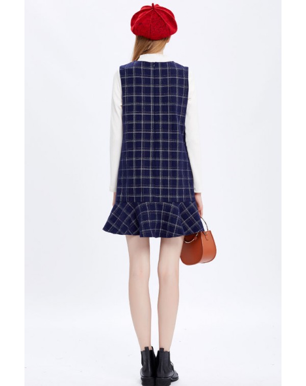 Dark Navy Flounce Plaid Dress