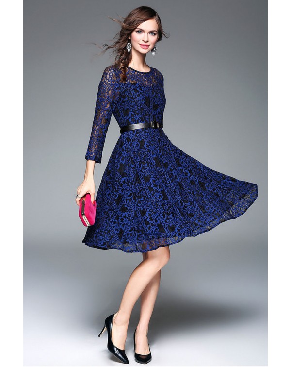 Lace Hollow-out Dress with Belt