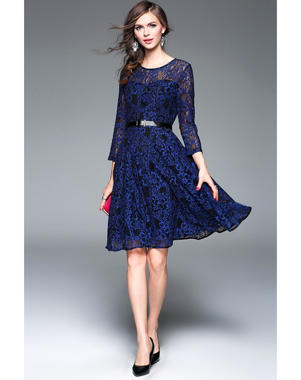 Lace Hollow-out Dress with Belt