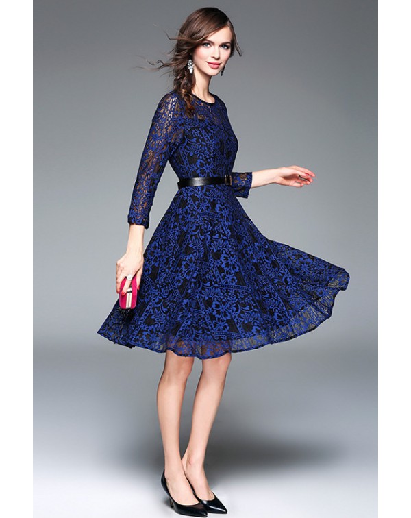 Lace Hollow-out Dress with Belt