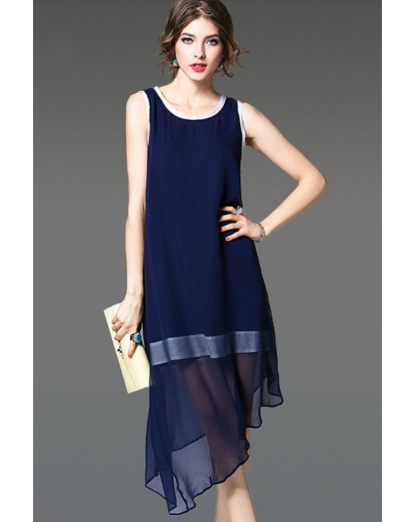 Dark Sleeveless Asymmetrical Hem Silk Dress