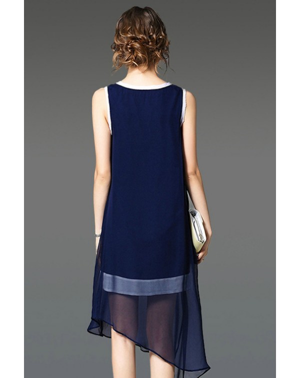 Dark Sleeveless Asymmetrical Hem Silk Dress