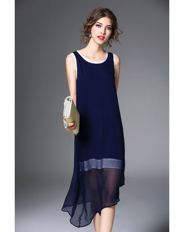 Dark Sleeveless Asymmetrical Hem Silk Dress