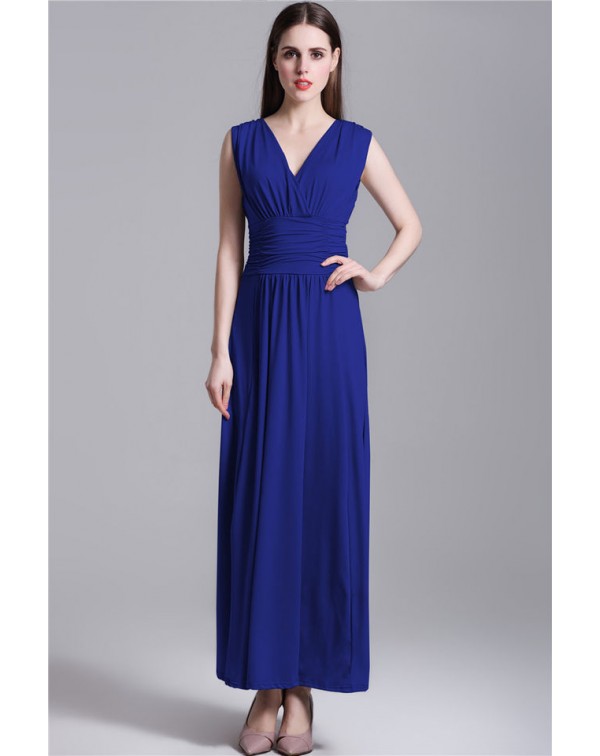 V Neck Solid Color Maxi Dress