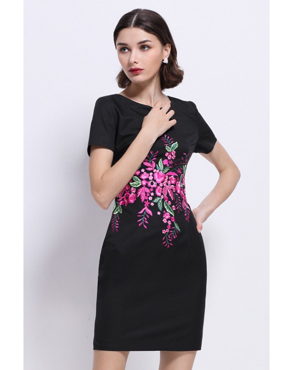 Dark Navy Floral EmbroideDress