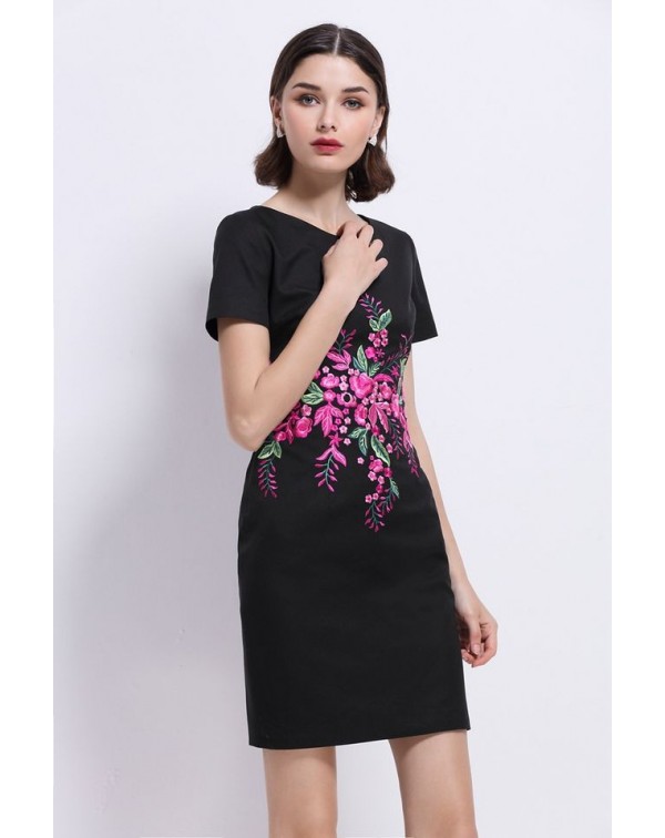 Dark Navy Floral EmbroideDress