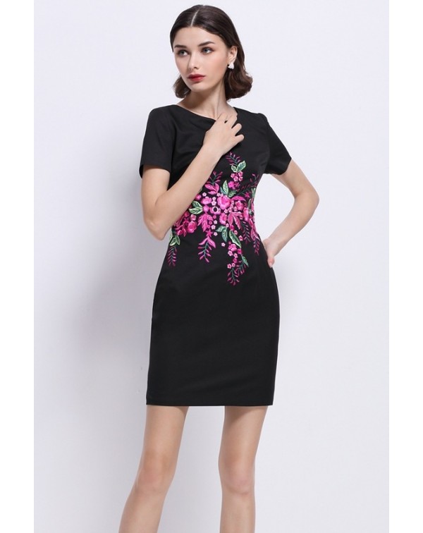 Dark Navy Floral EmbroideDress