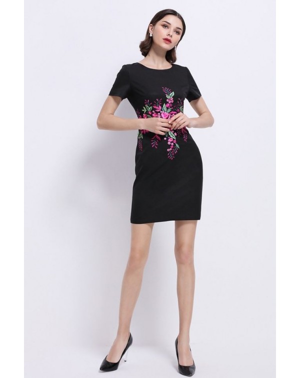 Dark Navy Floral EmbroideDress