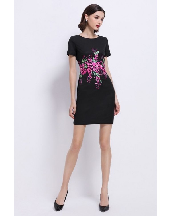 Dark Navy Floral EmbroideDress