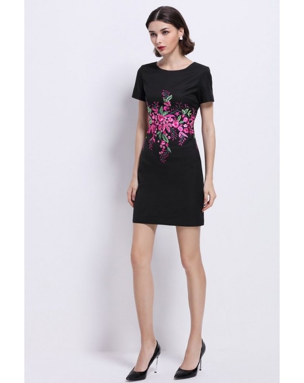 Dark Navy Floral EmbroideDress