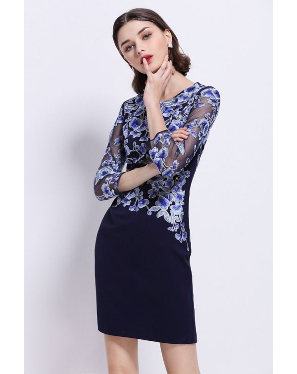 Dark Navy EmbroideSheath Dress