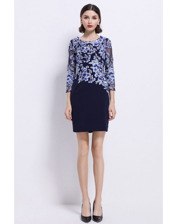 Dark Navy EmbroideSheath Dress