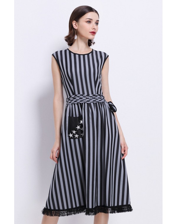 Lace Trim Pockets Striped Dress