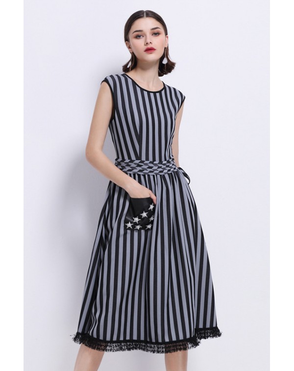 Lace Trim Pockets Striped Dress