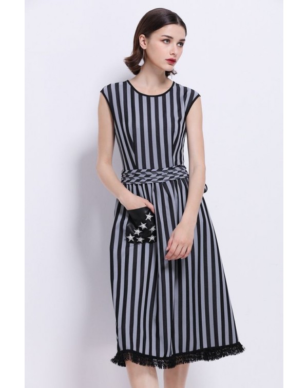 Lace Trim Pockets Striped Dress