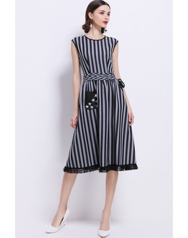 Lace Trim Pockets Striped Dress