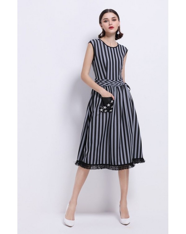 Lace Trim Pockets Striped Dress