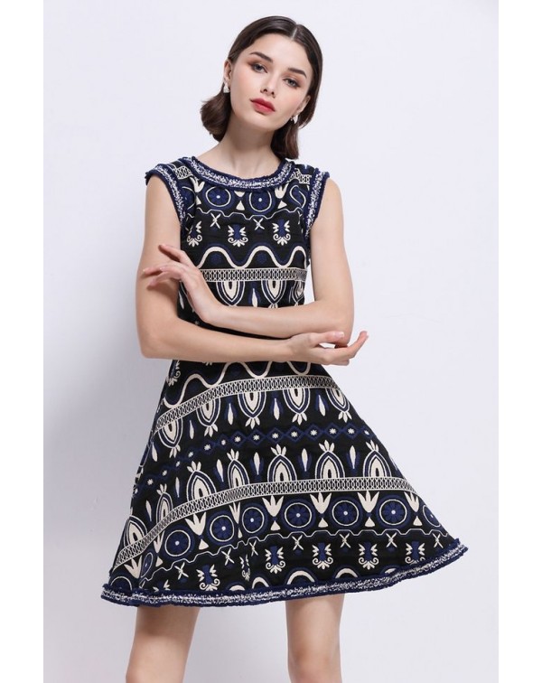 Dark Navy EmbroideA-Line Dress