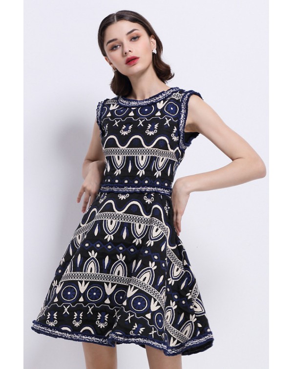 Dark Navy EmbroideA-Line Dress