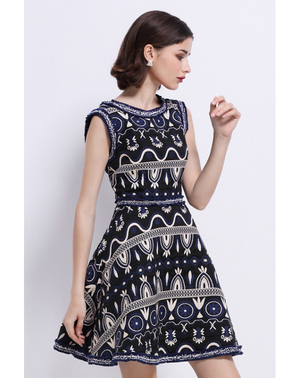 Dark Navy EmbroideA-Line Dress