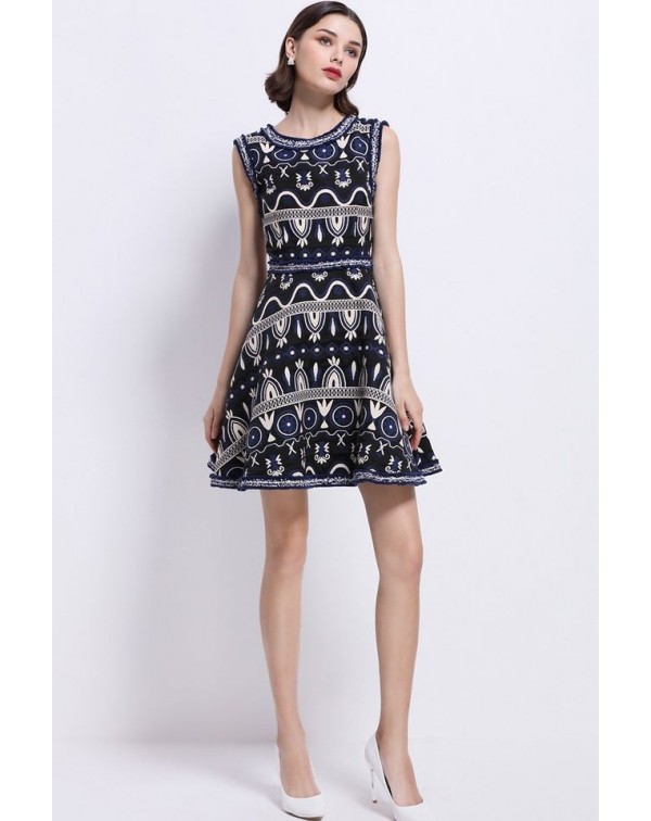 Dark Navy EmbroideA-Line Dress