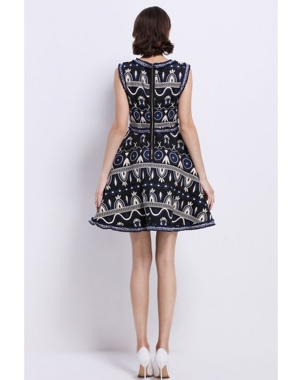 Dark Navy EmbroideA-Line Dress