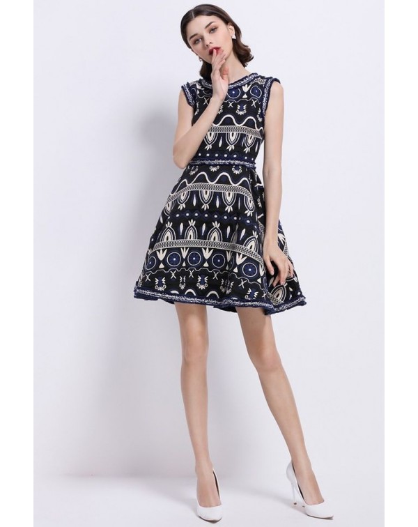 Dark Navy EmbroideA-Line Dress