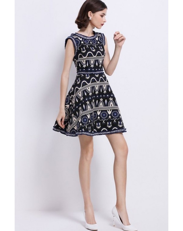 Dark Navy EmbroideA-Line Dress