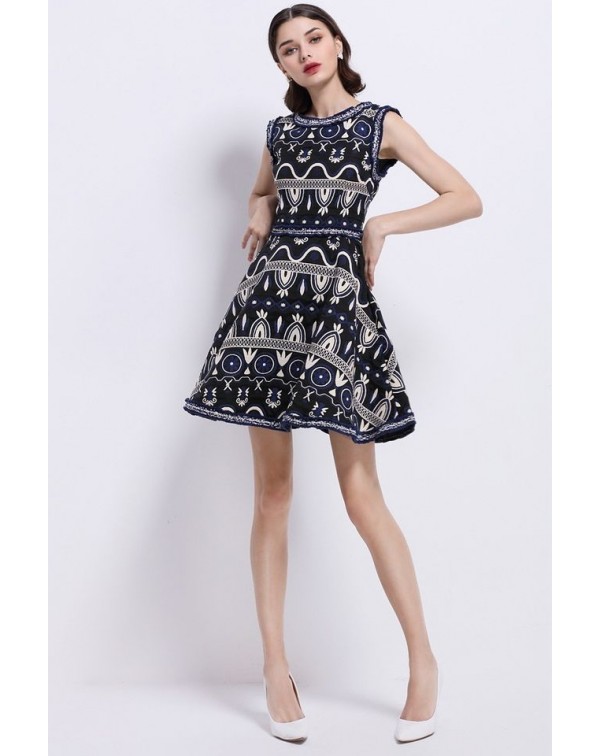 Dark Navy EmbroideA-Line Dress