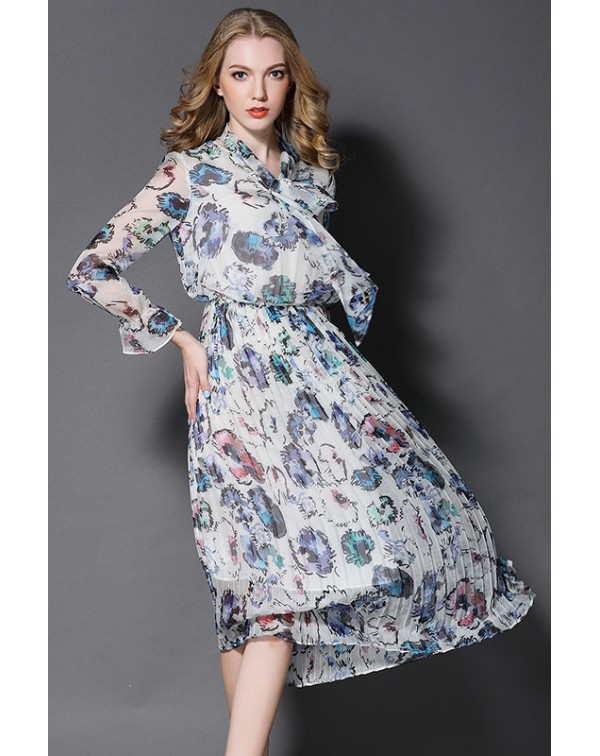 Bow Collar Floral Pleated Dress