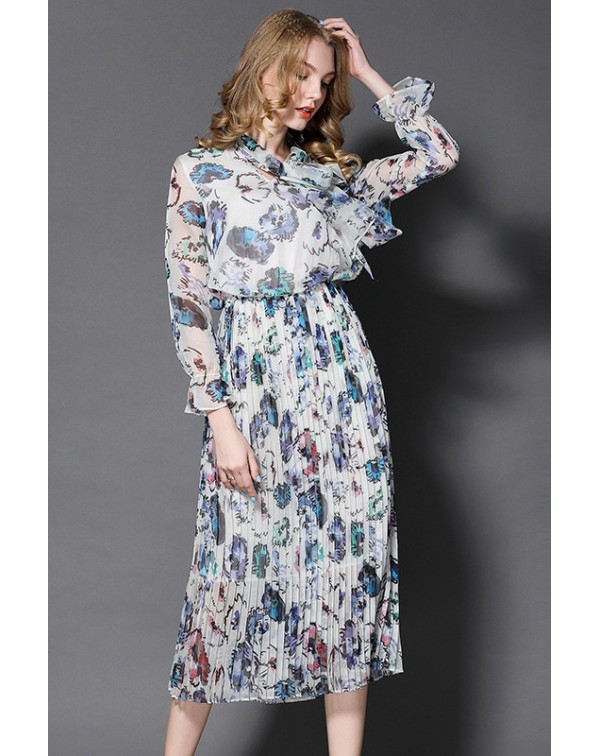 Bow Collar Floral Pleated Dress