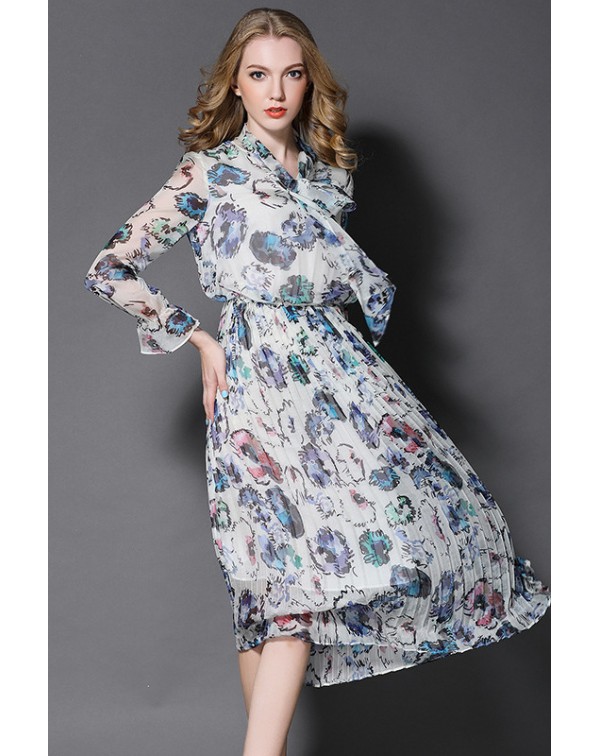 Bow Collar Floral Pleated Dress