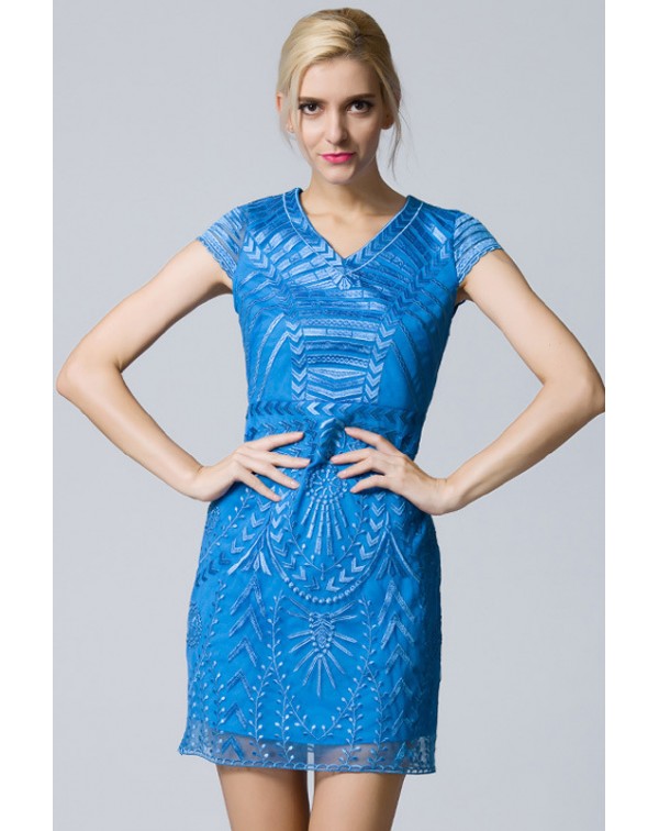 V Neck EmbroideSheath Dress